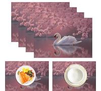 Romantic Landscape Painting Placemats, Heat Resistant Table Mats Set of 4, Washable Cotton and Linen Place Mats for Table, Swan Cherry Blossom Tree Lake Placemats for Kitchen Dining,Pink