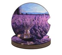 Romantic Lavender Car Coasters, 4PCS Non-Slip Car Cup Holder Coasters with Cork Base, Heat Resistant & Waterproof Drink Coaster for Women Men