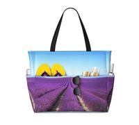 Romantic Lavender Print Large Waterproof Beach Tote Bag for Women with Zip and Pockets Foldable Handbag for Travel Pool Shopping Holiday Gym