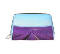 Romantic Lavender Print Makeup Bag Portable Leather Waterproof Cosmetic Bag Clutch Makeup Brush Bag (6.7x4.3in)