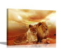 Romantic Lion Couple Canvas Wall Art Prints Animal Pictures Stretched and Framed Poster Art for Home Livingroom Artwork 60 x 40cm (24 x 16 inches)