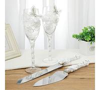 Romantic love 4-Piece Wedding Supplies Toasting Flutes and Cake Server Set- 2 Toasting Champagne Flutes, 1 Pie Server and 1 Cutting Knife, Bride Groom Gifts (C)