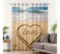 Romantic Love Heart on Beach Blackout Curtains 55 x 102 Inch | Yellow Thermal Darkening Ring Top Drapes for Party Room, Dining Room, Bedroom, 2 Panels, Total 110"W x 102"L