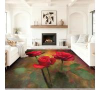 Romantic Minimalist Rug, 80 x 150 cm Abstract Floral Red Rose Pattern Carpet, Multicolour Soft Short Pile Non-Slip Washable Indoor Rugs, Easy To Clean for Living Room and Bedroom