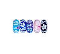Romantic Mixed Set Of 5 Bundle .925 Sterling Silver Core Translucent Shades Of Aqua Blue Black Pink Lilac Vintage Floral Flower Murano Glass Charm Bead Spacer Fits European Bracelet For Women Teens