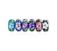 Romantic Mixed Set Of 6 Bundle .925 Sterling Silver Core Translucent Shades Of Black Purple Blue Pink Rose Vintage Style Floral Flower Murano Glass Charm Bead Spacer Fits European Bracelet For Women