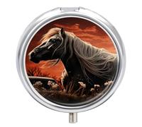 Romantic Mustang Pill Box 3 Compartment Waterproof Pill Container with Mirror Metal Medicine Box Organizer Portable Vitamin Case for Pocket & Purse Travel - Round