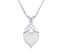 Romantic Opulence Simple Bridal Gemstone White Prong Set Created Solitaire Opal Heart Shape Pendant Necklace For Women .925 Sterling Silver October Birthstone