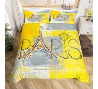 Romantic Paris Bedding Sets Single Eiffel Tower Comforter Cover, Yellow Grey Bed Set Grunge Ombre Duvet Cover, Vintage Watercolor Art Quilt Cover Abstract Artwork Bedroom Decor