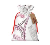 (Romantic Paris Butterfly Eiffel) Christmas Burlap Gift Bags, Eco-Friendly Polyester Drawstring Pouches For Holiday, Birthday & Party Gift Packaging M