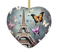 Romantic Paris Butterfly Eiffel Print Christmas Ornaments, Ceramic Hanging Ornament, Xmas Tree Decoration, Holiday Home Decor