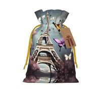 Romantic Paris Butterfly Eiffel Print Drawstring Gift Bags,For Holiday Season,Birthdays,Anniversaries And Any Special Occasion