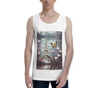 Romantic Paris Butterfly Eiffel Print Tank Tops Summer Beach Vacation Sleeveless Shirts Casual Muscle Gym Workout Tank Top White
