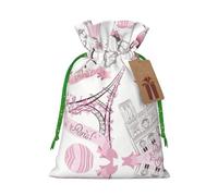 (Romantic Paris Butterfly) Printed Christmas M Size Gift Bags with Green Ribbon Drawstring Candy Bags for Kids Xmas Holiday Christmas Eve Presents