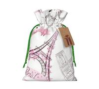 (Romantic Paris Butterfly) Printed Christmas S Size Gift Bags with Green Ribbon Drawstring Candy Bags for Kids Xmas Holiday Christmas Eve Presents