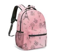 Romantic Paris Eiffel Tower 16 Inch Backpack for Kids School Girls Pink Floral Hot Air Balloon Pattern Travel Rucksack (04)