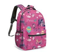 Romantic Paris Eiffel Tower 16 Inch Backpack for Kids School Girls Pink Floral Hot Air Balloon Pattern Travel Rucksack (05)