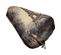 Romantic Paris Eiffel Tower Bike Seat Cover Waterproof Oxford Fabric, Universal Adjustable Bicycle Saddle Cover with Drawstring Easy Install Protective Rain Dust Covers for Women Men