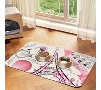 Romantic Paris Eiffel Tower Bycicle Patterned Pet Feeding Mat with Water-Absorbing PU Top & Rubber Base - Anti-Slip Dog Cat Food Mat for Cats, Dogs & Pets, 30x45cm