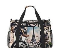 Romantic Paris Eiffel Tower Bycicle Print Stylish Foldable Carry On Tote with Waterproof Zipper for Weekend Getaways Bag