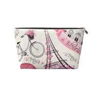 Romantic Paris Eiffel Tower Bycicle Printed Leather Travel Toiletry Makeup Bag with Silver Zipper for Women on the Go