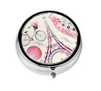 Romantic Paris Eiffel Tower Bycicle Printed Round Travel Pill Box Cute Small Metal Pocket Pill Case for Men & Women 3 Compartment Portable Pill Organizer for Purse or Pocket