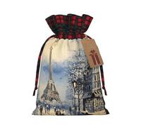 Romantic Paris Eiffel Tower Christmas Drawstring Linen Gift Bag Paired With Scottish Plaid Fabric, With A Delicate And Simple Texture