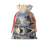 Romantic Paris Eiffel Tower Print Christmas Bags with Drawstrings, Christmas Treat Pouches, Party Favor Bags M