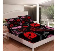 Romantic Paris Fitted Sheet Super King Size Red Lips 3D Fitted Sheets Deep Pocket 12 inch 30 cm Bottom Sheet Ultra Soft Microfibre Bedding Set with 2 Pillowcases a.5621