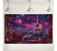 Romantic Paris Night Backdrop, Peach Floral Paris Tower Background for Photography, Valentine's Day Party Decorations, Indoor/Outdoor Event Supplies 71x43 Inch