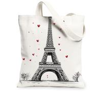 Romantic Paris Tower Canvas Tote Bags, Heart Pattern Stylish Reusable Grocery Bags, Lightweight Washable Shoulder Strap for Shopping Travel Beach 13x15 Inch