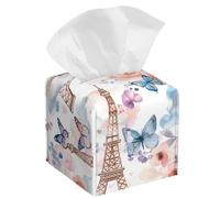 Romantic Paris Tower Floral Tissue Box Cover Leather Decorative Square Tissue Cube Boxes Holder with Bottom Belt Case Organizer for Bathroom Home Car Decor