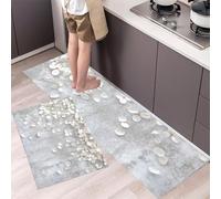 Romantic Petals Kitchen Rug Sets, 2 Pieces Non Slip Kitchen Mat Sets,Washable Concrete Wall Floor Mat for Hallway, Bedroom, Sink (Light Gray, 50x80cm+50x150cm)
