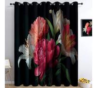 Romantic Plants Eyelet Curtains Pink And White Peonies Lilies Soft Thermal Insulated Blackout Curtains Black Ring Top Window Drapes, for Bedroom Living Room 55" W x 102" L 2 Panels