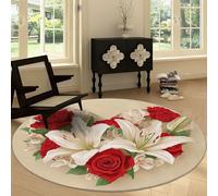 Romantic Plants Flowers Lily Round Carpet 120 cm Living Room, French Soft Low-pile Carpet Washable Circle Rug - Non-slip Area Rug for Bedroom Living Dining Room Entryway Playroom