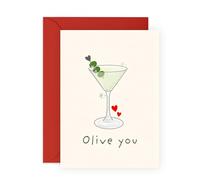 Romantic Pun Card - Olive You - Gifts for Him, He, Partner, Couples, Babe - Funny Love Greeting Card for Anniversary, Valentine’s Day, or Birthday's - Martini Glass Design