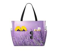 Romantic Purple Lavender Print Large Waterproof Beach Tote Bag for Women with Zip and Pockets Foldable Handbag for Travel Pool Shopping Holiday Gym