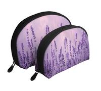 Romantic Purple Lavender Print Makeup Bag Set 2-Piece Portable Clutch Pouch Travel Cosmetic Pouches Toiletry Bags for Daily Storage & Travel Organization