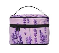 Romantic Purple Lavender Print Travel Makeup Bag - Large Capacity Lightweight Cosmetic Organizer with Handle & Zipper Closure, Large Capacity Toiletry Bags, Holiday Essentials for Women