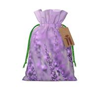 Romantic Purple Lavender Printed Christmas Drawstring Bags with Green Christmas Ribbon - Reusable Burlap Drawstring Gift Pouches, S