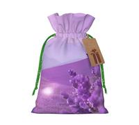 (Romantic Purple Lavender) Printed Christmas S Size Gift Bags with Green Ribbon Drawstring Candy Bags for Kids Xmas Holiday Christmas Eve Presents