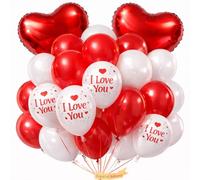 Romantic Red and White Balloon Set 27 Piece Valentine’s Day Heart Decorations 18 Inch Love Foil Hearts Printed Latex & 10m Ribbon Anniversary Mother’s Day & Wedding Party Decor Pack