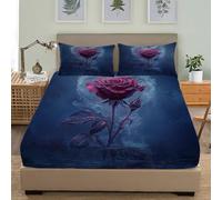 Romantic Red Roses 4Ft Small Double Fitted Bed Sheet - Hotel Luxury Breathable Fitted Sheet Deep Pocket 12 inch Blue Soft & Comfy Brushed Bed Sheet with 2 Pillowcases for Kids