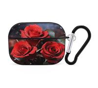 Romantic Red Roses Earbuds Organizer Shockproof Protective Airpods Pro Cover with Carabiner Clip Anti Fall Carrying Earphone Case Cover for Airpods Pro 2nd Generation Black
