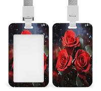 Romantic Red Roses ID Badge Holder Clear Badge Protectors with Detachable Lanyard Strap Vertical Hard Plastic Sleeve Secures Work ID Card Credit Cards for Office Factory