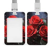 Romantic Red Roses Id Badge Holder with Lanyard, Clear Vertical Card Protector Waterproof, Breakaway Safety Neck Strap, Heavy Duty Name Tag Holder for Nurse Teacher Officer Staff Women Men