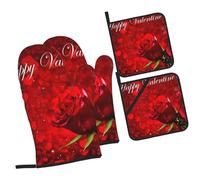 Romantic Red Roses Printed Oven Mitts and Pot Holders Heat Resistant Set of 4 Pcs, Modern Kitchen Gloves & Potholders for Cooking Baking Grilling