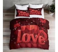 Romantic Reversible Coverless Duvet 135×200 cm - Red Soft Hypoallergenic Bedding, Heart Pattern Roses Diamonds print Summer Quilt for Couples' Room, Lightweight Quilt with Pillowcase
