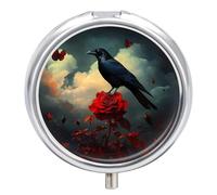 Romantic Rose Halloween Crow Pill Box 3 Compartment Small Portable Medicine Case Pill Organizer for Pocket Purse