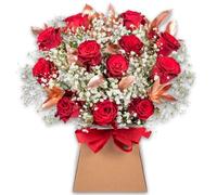 Romantic Roses Fresh Flower Bouquet in Presentation Vase | 12 Red Roses, White Gypsophila & Copper Ruscus | Natural Card Vase and Red Satin Ribbon | AMFL006